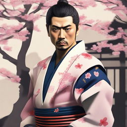 A samurai with short hair and a scar on the left cheek, standing in a traditional Japanese setting with cherry blossoms in the background