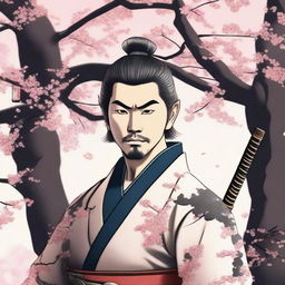 A samurai with short hair and a scar on the left cheek, standing in a traditional Japanese setting with cherry blossoms in the background