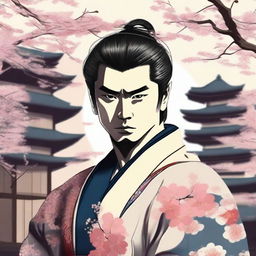 A samurai with short hair and a scar on the left cheek, standing in a traditional Japanese setting with cherry blossoms in the background