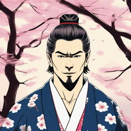 A samurai with short hair and a scar on the left cheek, standing in a traditional Japanese setting with cherry blossoms in the background