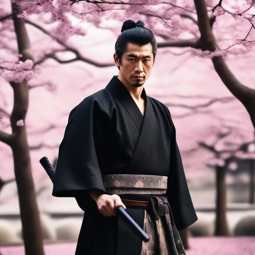 A samurai with short hair and a scar on the left cheek, standing in a traditional Japanese setting with cherry blossoms in the background