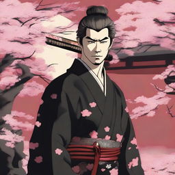 A samurai with short hair and a scar on the left cheek, standing in a traditional Japanese setting with cherry blossoms in the background