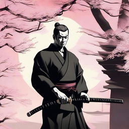 A samurai with short hair and a scar on the left cheek, standing in a traditional Japanese setting with cherry blossoms in the background