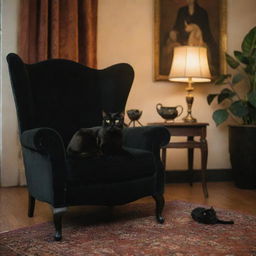 A cozy, warmly lit room with intricate vintage decor and a sleek black cat lounging lazily on a plush velvet chair