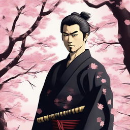 A samurai with short hair and a scar on the left cheek, standing in a traditional Japanese setting with cherry blossoms in the background