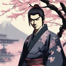 A samurai with short hair and a scar on the left cheek, standing in a traditional Japanese setting with cherry blossoms in the background