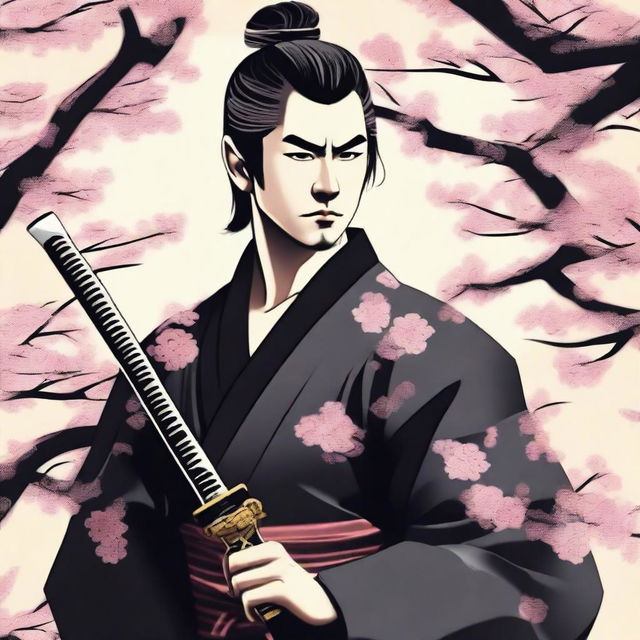 A samurai with short hair and a scar on the left cheek, standing in a traditional Japanese setting with cherry blossoms in the background