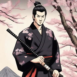 A samurai with short hair and a scar on the left cheek, standing in a traditional Japanese setting with cherry blossoms in the background