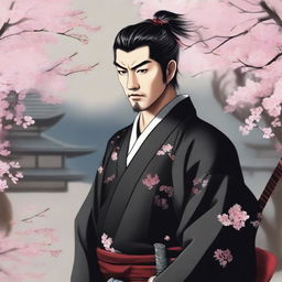 A samurai with short hair and a scar on the left cheek, standing in a traditional Japanese setting with cherry blossoms in the background