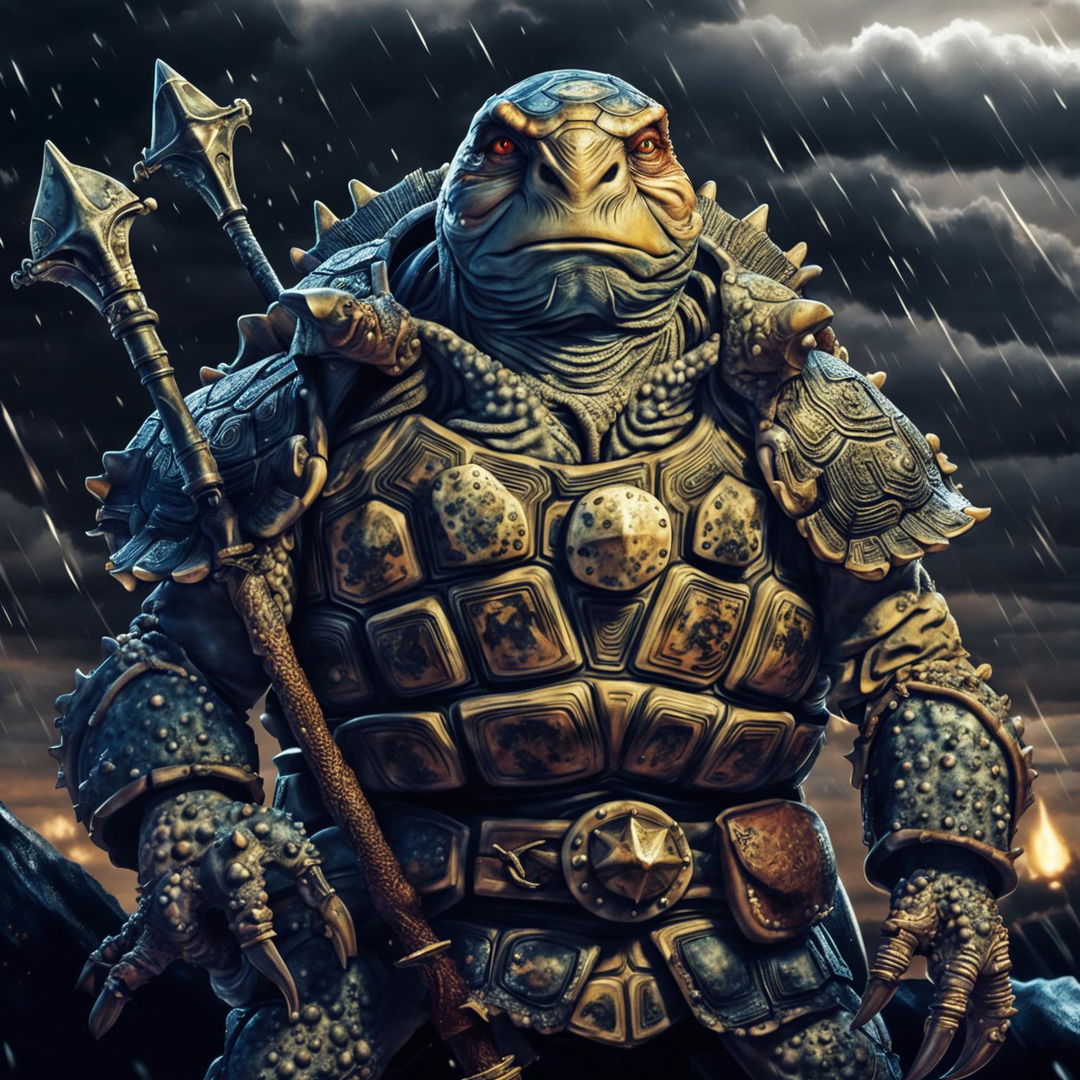 A wise, old turtle man sea captain in a Game of Thrones type era, with a gruff appearance, glowing barnacles on his shell, a three-pronged trident, and leather armor