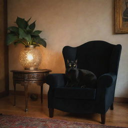 A cozy, warmly lit room with intricate vintage decor and a sleek black cat lounging lazily on a plush velvet chair