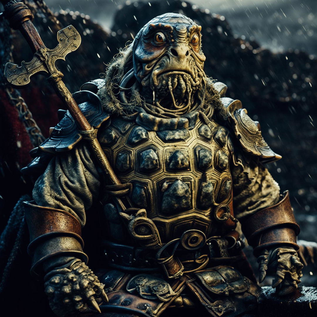 A raw, cinematic photograph of a wise, old turtle man sea captain in a Game of Thrones type era, with a gruff appearance, glowing barnacles on his shell, a three-pronged trident, and leather armor, set against a stormy sea