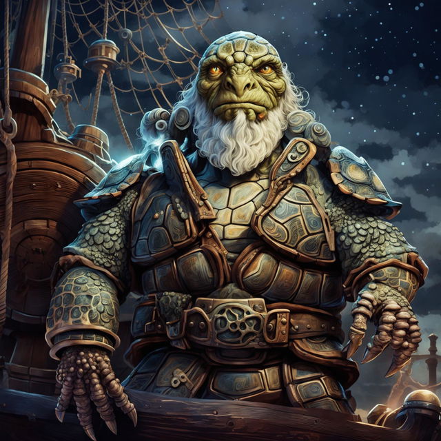 A detailed depiction of an old, wise turtle man who is a sea captain