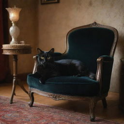 A cozy, warmly lit room with intricate vintage decor and a sleek black cat lounging lazily on a plush velvet chair