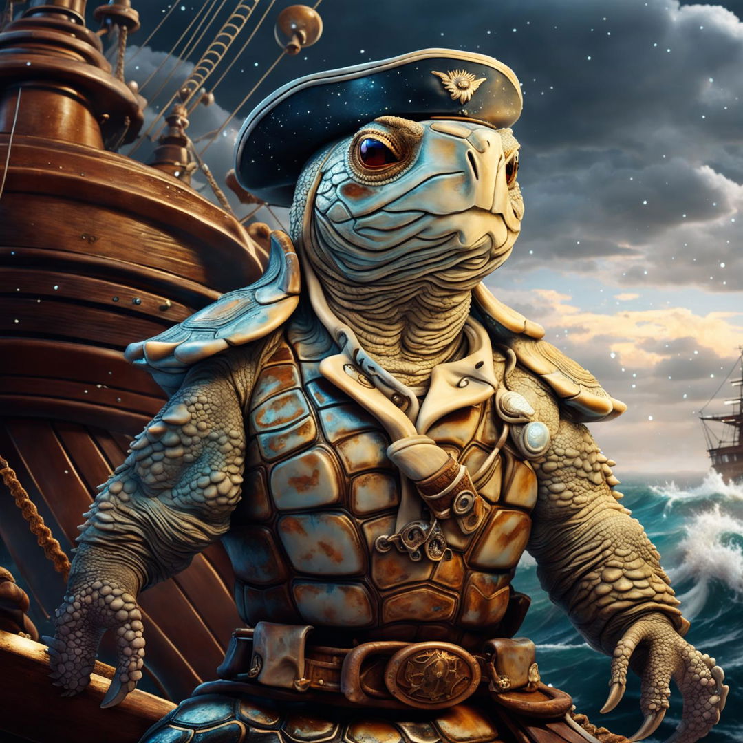 A realistic depiction of a turtle man sea captain with glowing barnacle constellations on his shell, set against a stormy sea background with a pirate ship