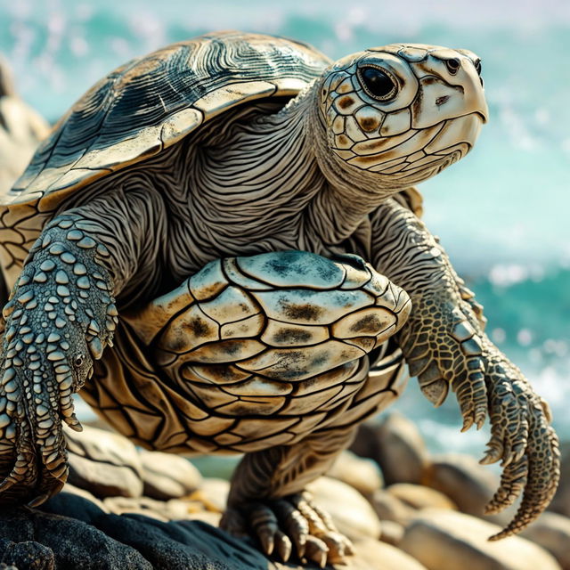 A realistic depiction of a turtle man with a humanoid body and a turtle's head and shell, featuring barnacles on his shell in a coastal environment