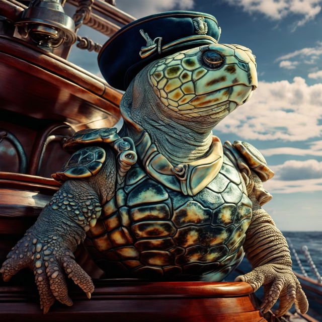 A realistic depiction of a sea turtle man sea captain with glowing barnacles on his shell, set on the deck of a ship with a stormy ocean background