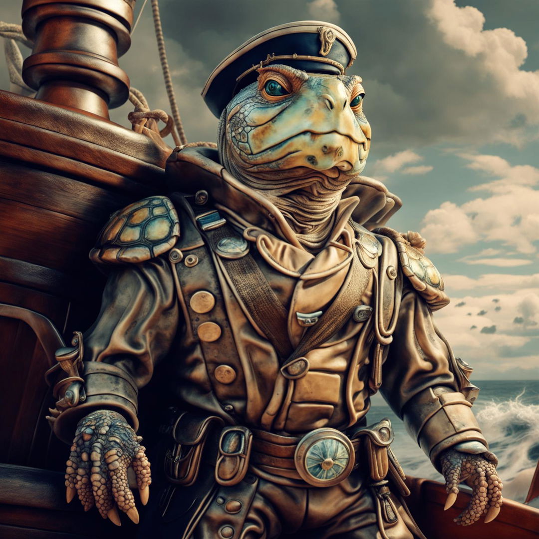 A realistic depiction of a turtle man sea captain with barnacles on his shell, set on the deck of a ship with a stormy ocean background