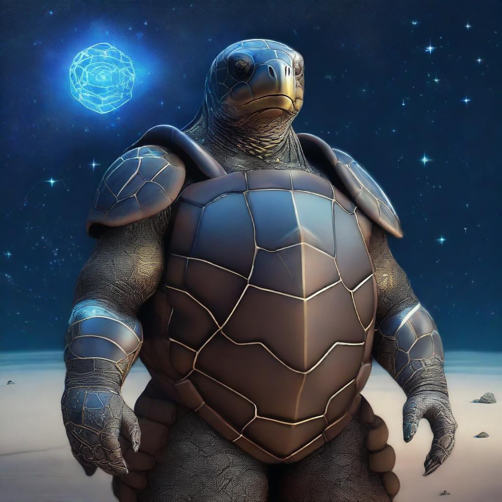 A realistic depiction of a sea turtle man with glowing constellations covering the plates of his shell