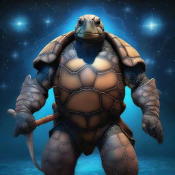 A realistic depiction of a sea turtle man with glowing constellations covering the plates of his shell