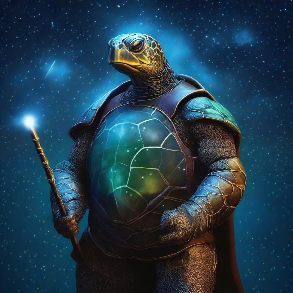 A realistic depiction of a sea turtle man with glowing constellations covering the plates of his shell