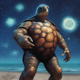 A realistic depiction of a sea turtle man with glowing constellations covering the plates of his shell