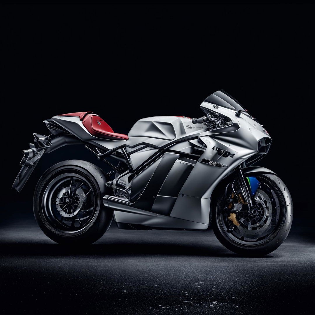 This is a description of a hypothetical Audi motorbike, featuring the brand's advanced technology, high-speed performance, and sophisticated design