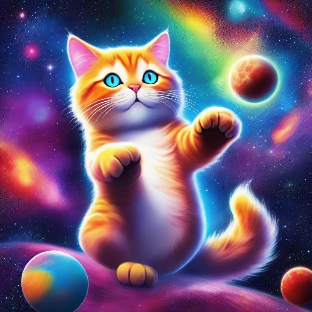 A colossal cat, the biggest in the universe, floating majestically in space among stars and planets