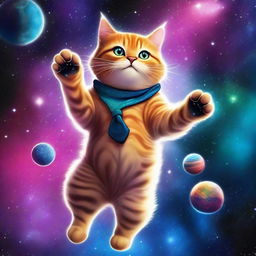 A colossal cat, the biggest in the universe, floating majestically in space among stars and planets