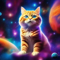 A colossal cat, the biggest in the universe, floating majestically in space among stars and planets