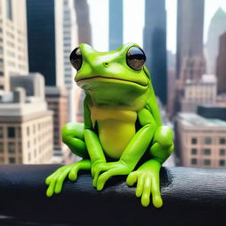 A really large green tree frog with a black stripe across its back, sitting amidst the bustling cityscape of New York