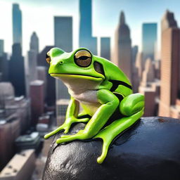 A really large green tree frog with a black stripe across its back, sitting amidst the bustling cityscape of New York