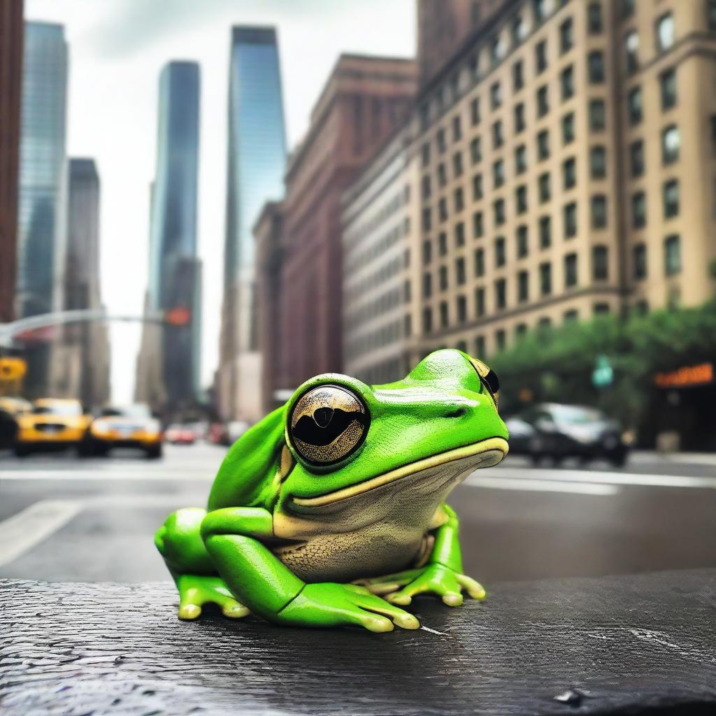 A really large green tree frog with a black stripe across its back, sitting amidst the bustling cityscape of New York