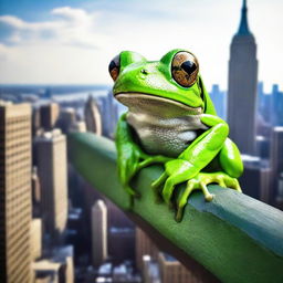 A really large green tree frog with a black stripe across its back, sitting amidst the bustling cityscape of New York