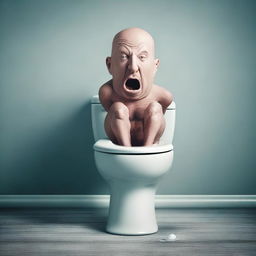 A surreal scene featuring a giant toilet with a bald man's head emerging from it