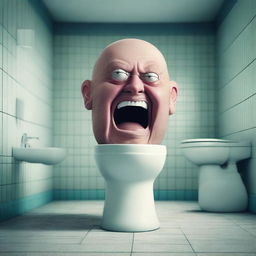 A surreal scene featuring a giant toilet with a bald man's head emerging from it