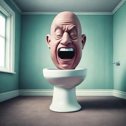 A surreal scene featuring a giant toilet with a bald man's head emerging from it