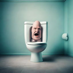 A surreal scene featuring a giant toilet with a bald man's head emerging from it