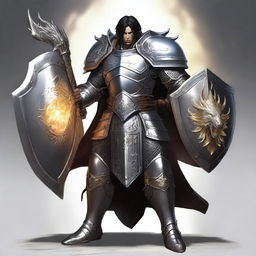 A human war cleric wearing shining clean silver armor, holding a large shield that glows light and has a platinum dragon on it