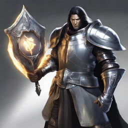 A human war cleric wearing shining clean silver armor, holding a large shield that glows light and has a platinum dragon on it