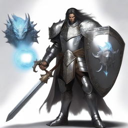 A human war cleric wearing shining clean silver armor, holding a large shield that glows light and has a platinum dragon on it