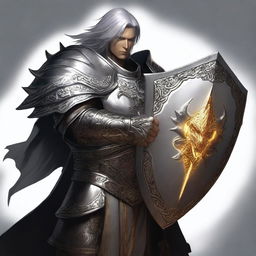 A human war cleric wearing shining clean silver armor, holding a large shield that glows light and has a platinum dragon on it