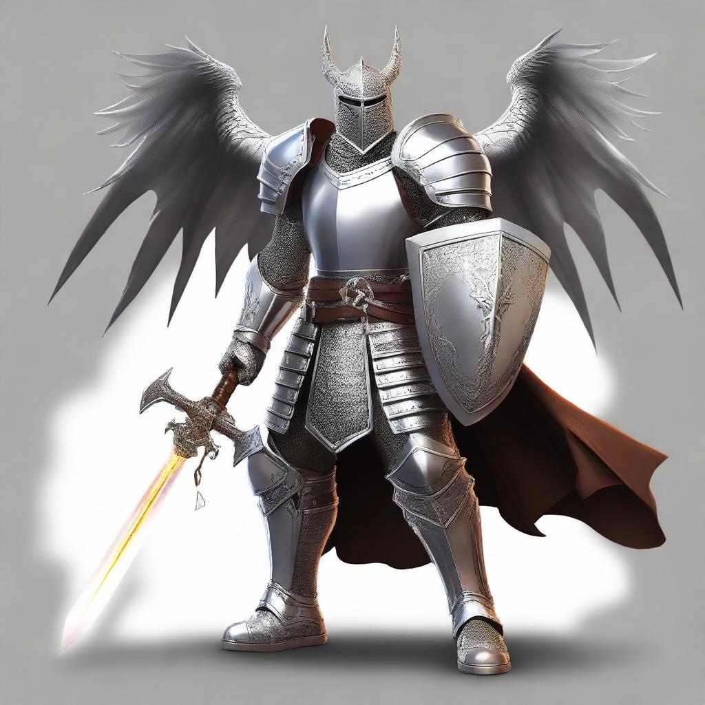 A human knight with gleaming silver armor and a glowing shield with a platinum dragon across it