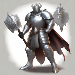 A human knight with gleaming silver armor and a glowing shield with a platinum dragon across it