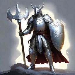 A human knight with gleaming silver armor and a glowing shield with a platinum dragon across it