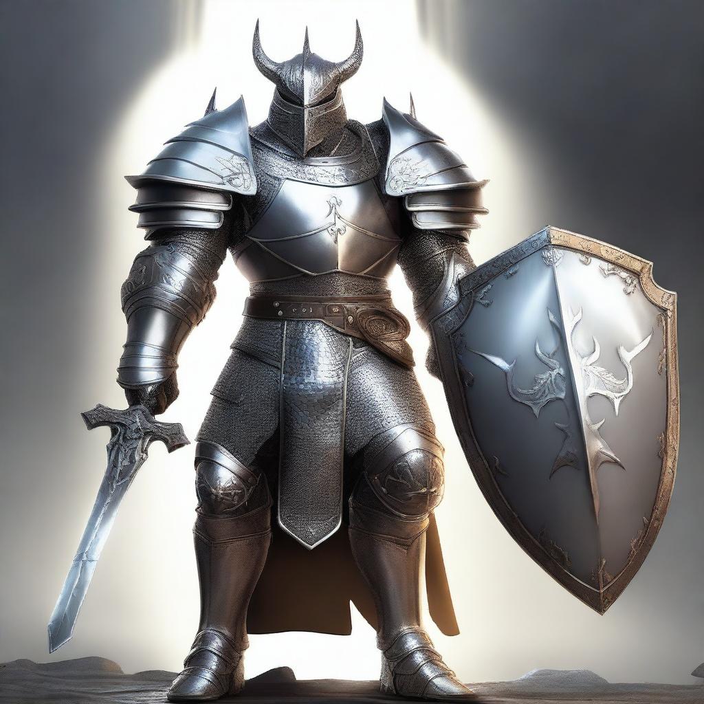 A human knight with gleaming silver armor and a glowing shield with a platinum dragon across it