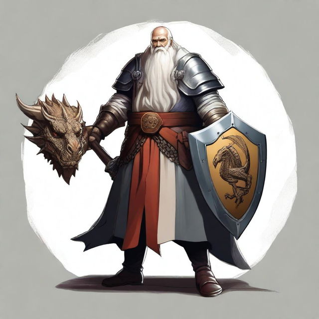 A war cleric holding a mace and a shield with a dragon emblem on it