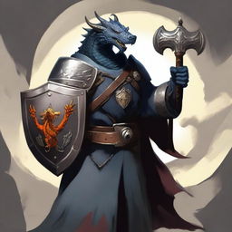 A war cleric holding a mace and a shield with a dragon emblem on it