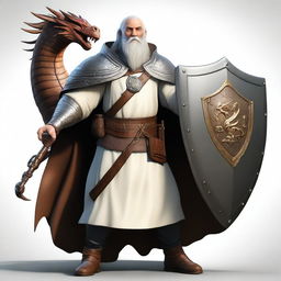 A realistic depiction of a cleric holding a mace in one hand and a shield with a dragon emblem in the other