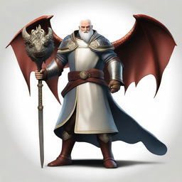 A realistic depiction of a cleric holding a mace in one hand and a shield with a dragon emblem in the other